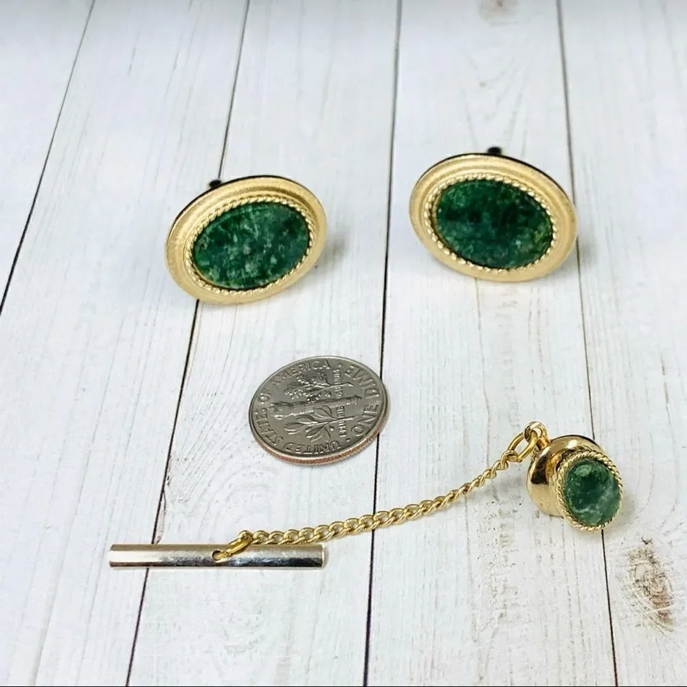 Green Stone Gold Cufflinks Tie Pin Set‎